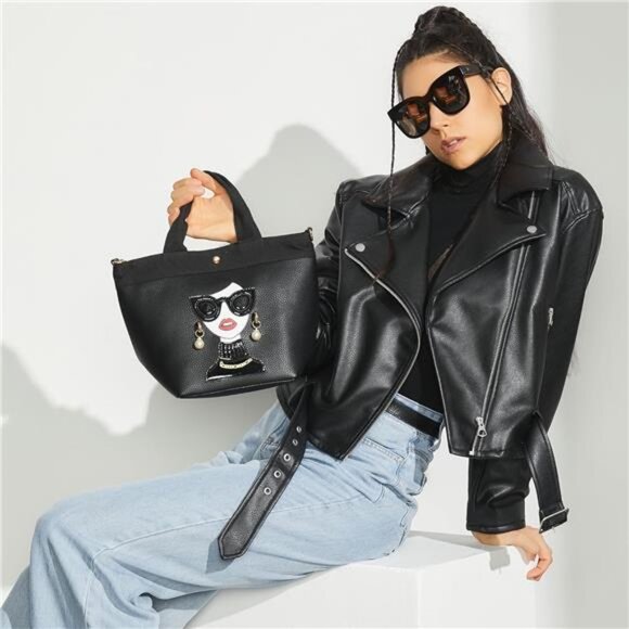 Quirky Lady Face Handbag - PU Leather Satchel, Top Handle Shoulder Bag - Picture 2 of 6